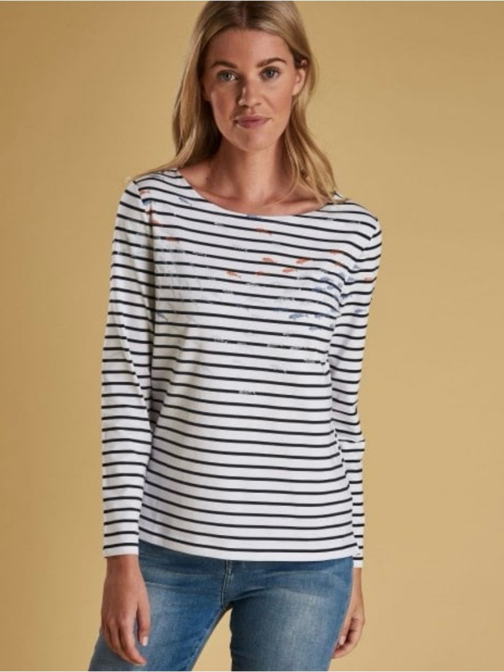 Barbour Seaward Fish Pattern Navy Striped Nautical Crewneck Cotton Jersey Top